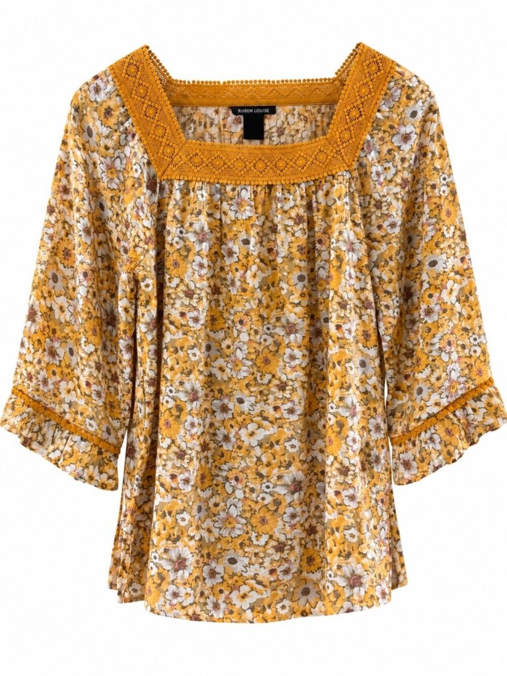 Floral Print Square Neck Top With Crochet Trim 3/4 Sleeves Yellow/White Size Sma
